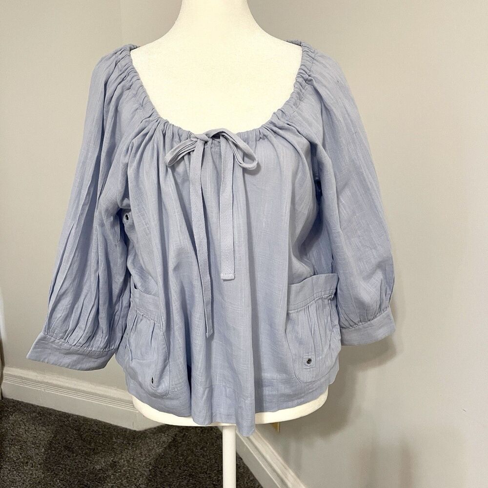 Free People Top Womens Size 6 Blue Boxy Crop Drawstring Neck Pockets Cotton